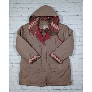Current Seen Mens Jacket Long Parka Sz M Tan Aztec Print Lined‎ Full Zip VTG 90s